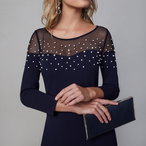 VEUC Karl Lagerfeld P-Dress Navy Pearl Detailing Mesh Neckline Size 4 - Picture 2 of 5